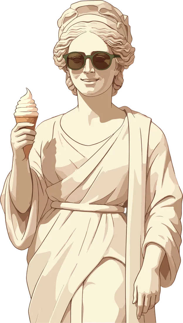 Escultura de Atena con lentes de sol y una barquilla de helado